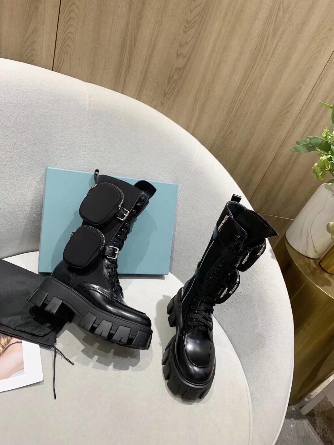 Women's Black Leather Platform Combat Boots with Pouches - Image 5