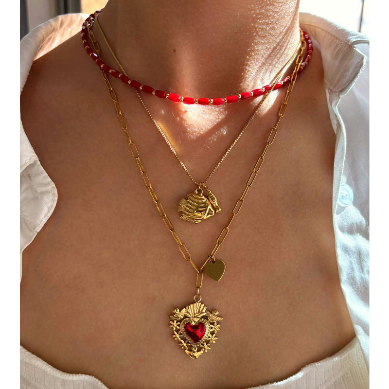 Stainless Steel Heart And Small Fish Enamel Red Bead Necklace