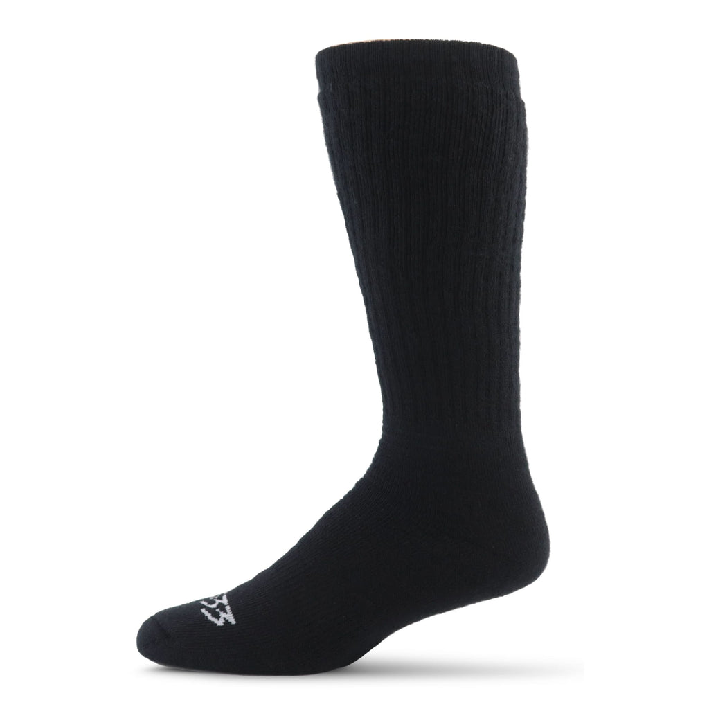 Midweight Merino wool workhorse socks in navy and black, over-the-calf style.