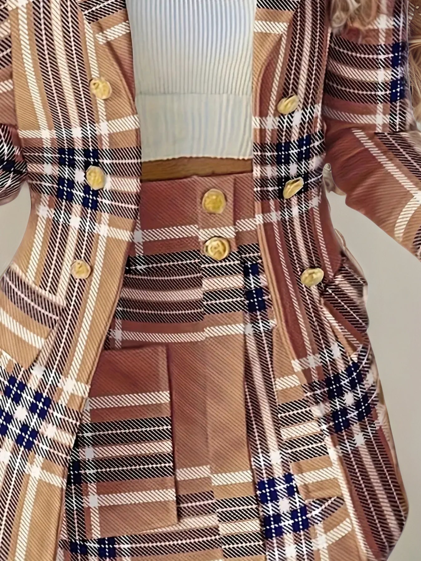Women’s Double Breasted Plaid Jacket and Skirt Two Piece Set - Image 2
