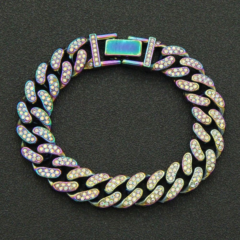 Men's diamond-inlaid Cuban link chain bracelet in gold, silver, and iridescent finishes.