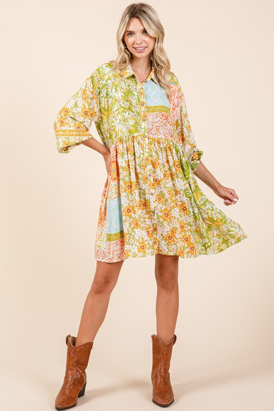 Floral Button Detail Long Sleeve Shirt Dress