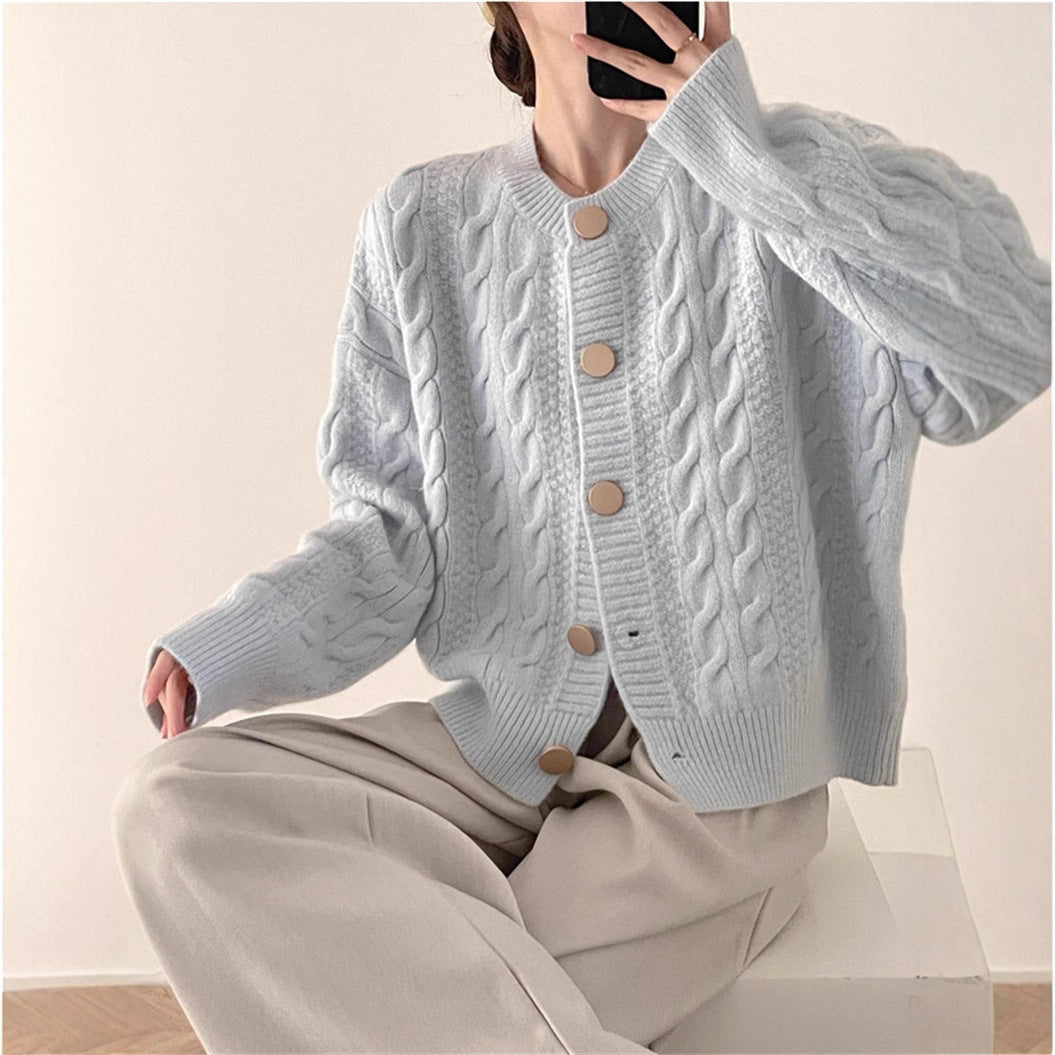 Gentle Cable Knit Cardigan for Women - Soft Round Neck Sweater - Image 2