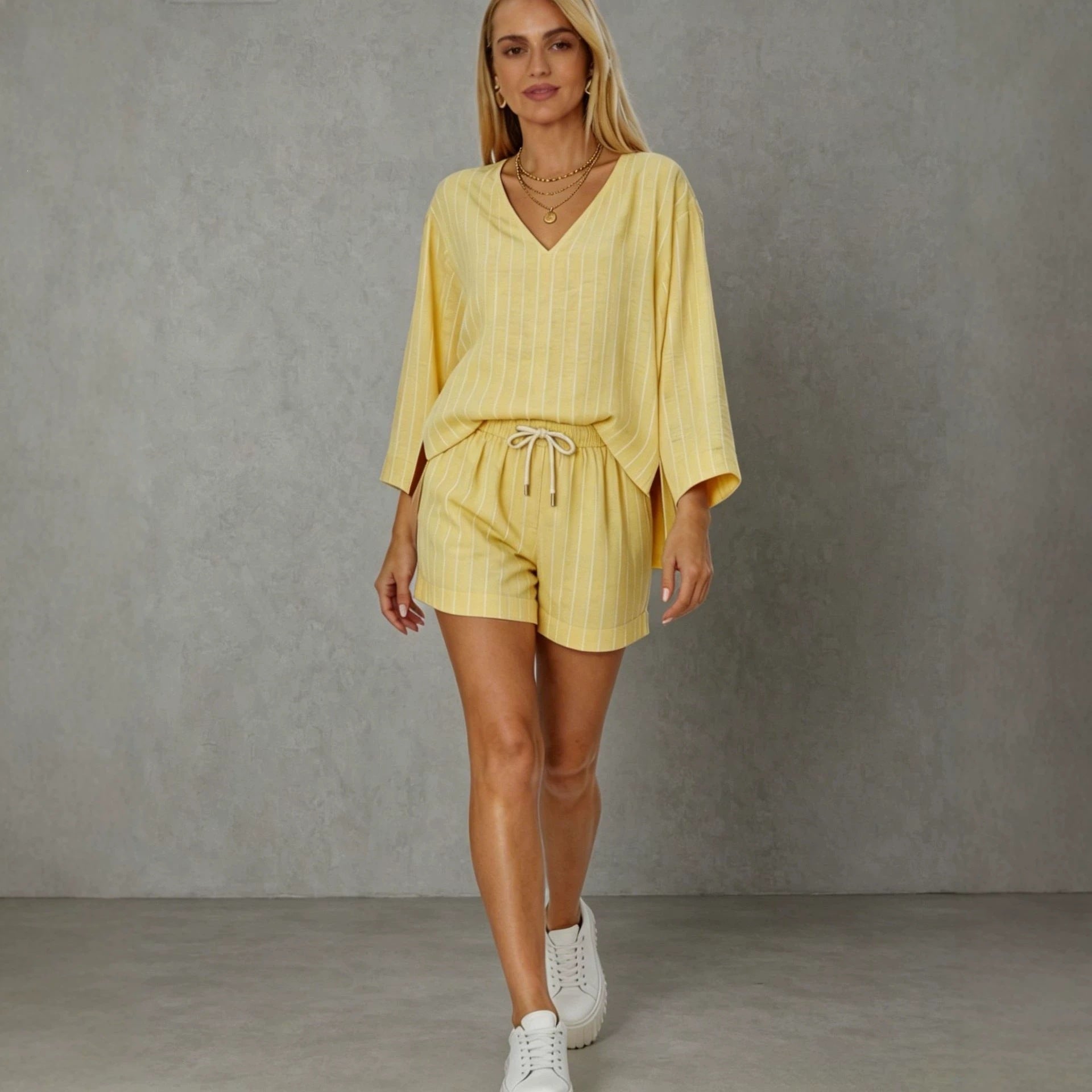 Women's Loose V-Neck Long Sleeve Striped Shorts Set Casual Lounge