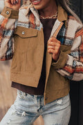 Casual fall outfit featuring a plaid corduroy button up jacket with chest flap pockets.