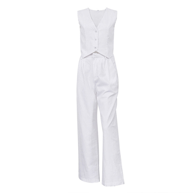 Women’s V-Neck Button-Front Vest and High-Waist Pants Set