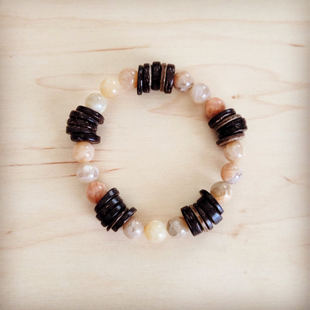 Natural Agate and Wood Beaded Stretch Bracelet - Image 2