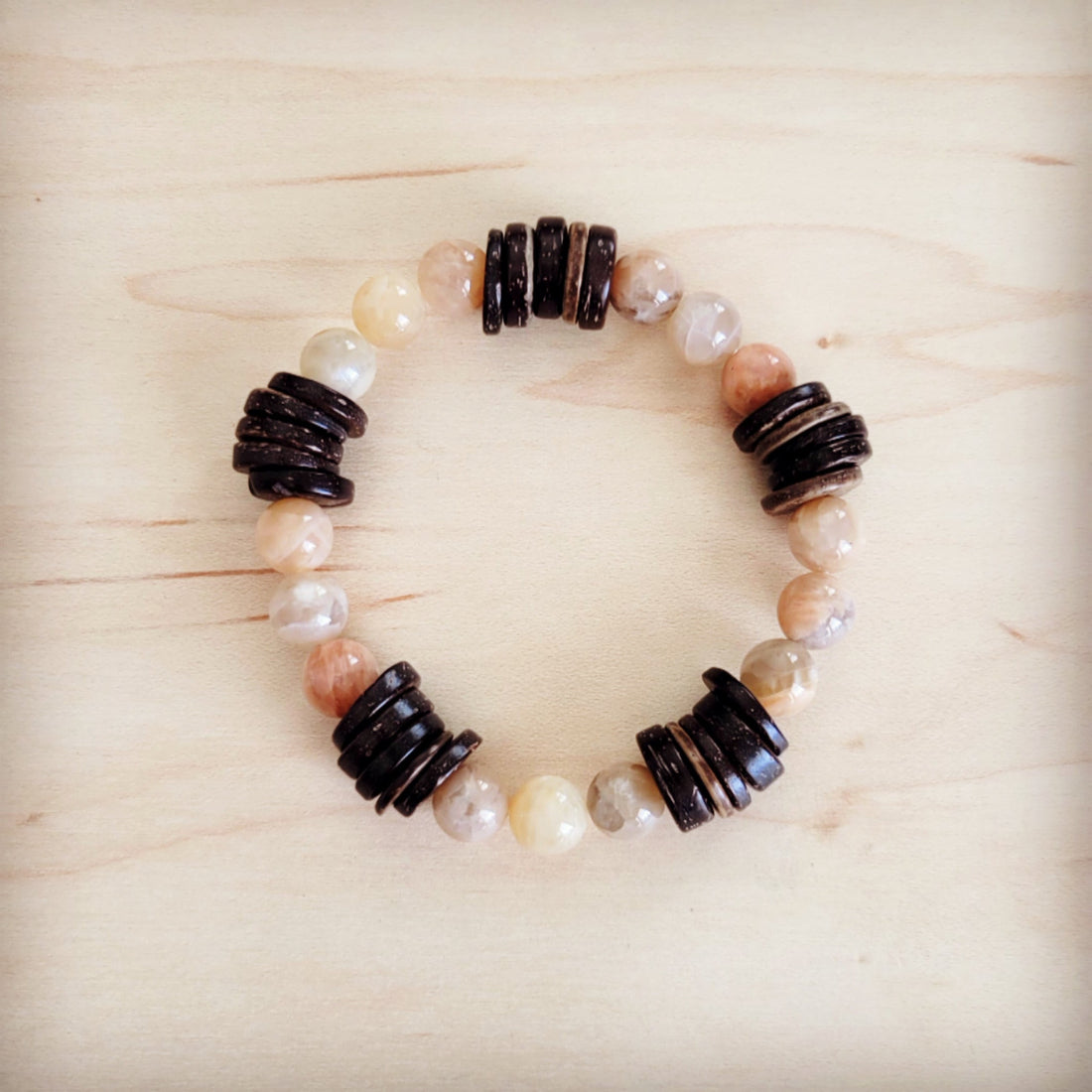 Natural Agate and Wood Beaded Stretch Bracelet - Image 2