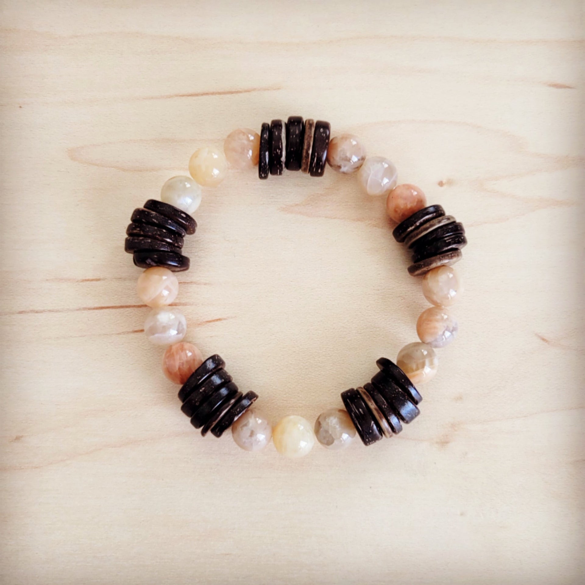 Natural Agate and Wood Beaded Stretch Bracelet - Image 2