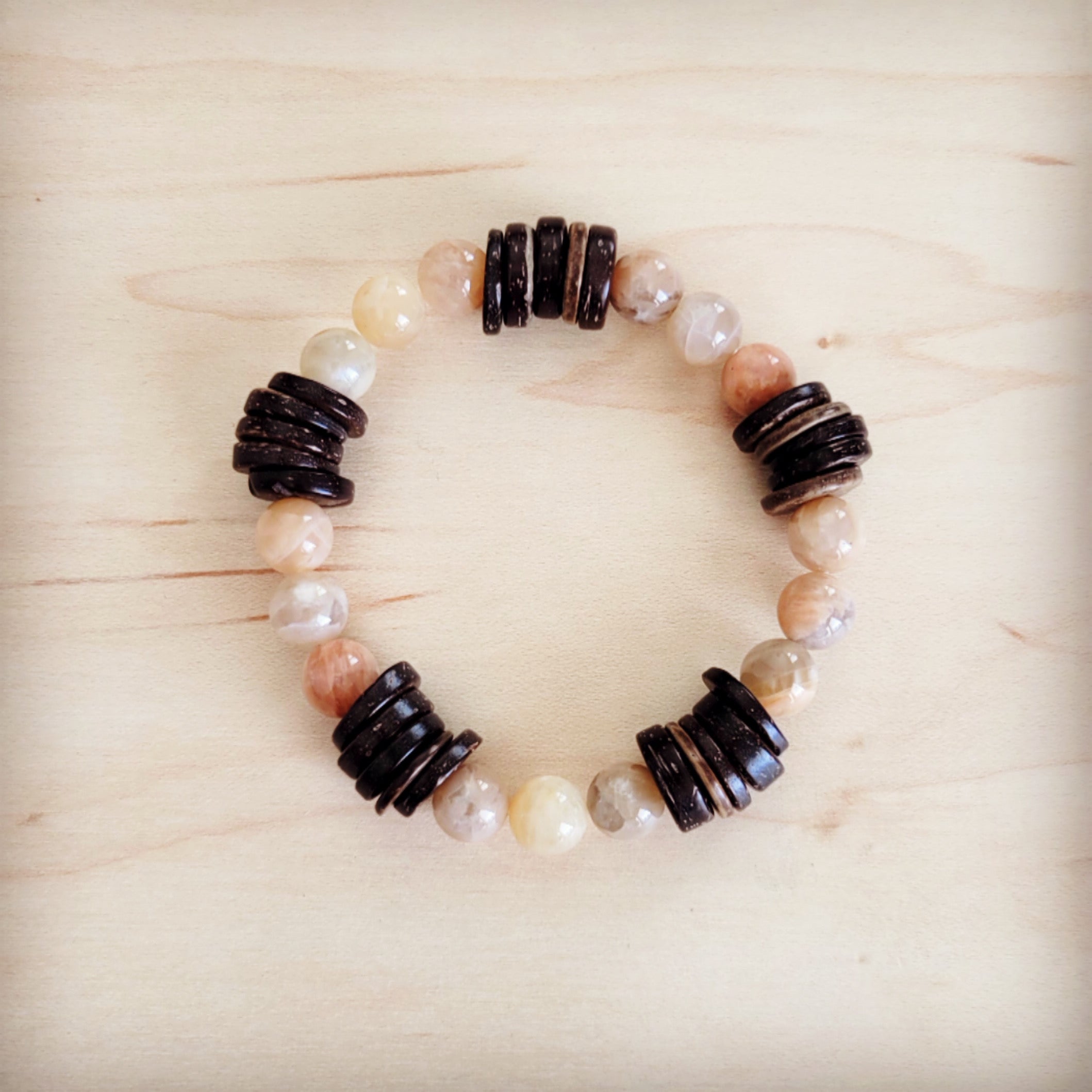 Natural Agate and Wood Beaded Stretch Bracelet - Image 2