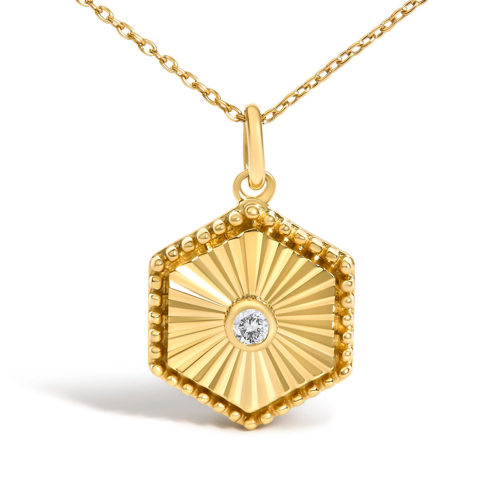 14K Yellow Gold Diamond Accent Fluted Hexagon Medallion Pendant Necklace