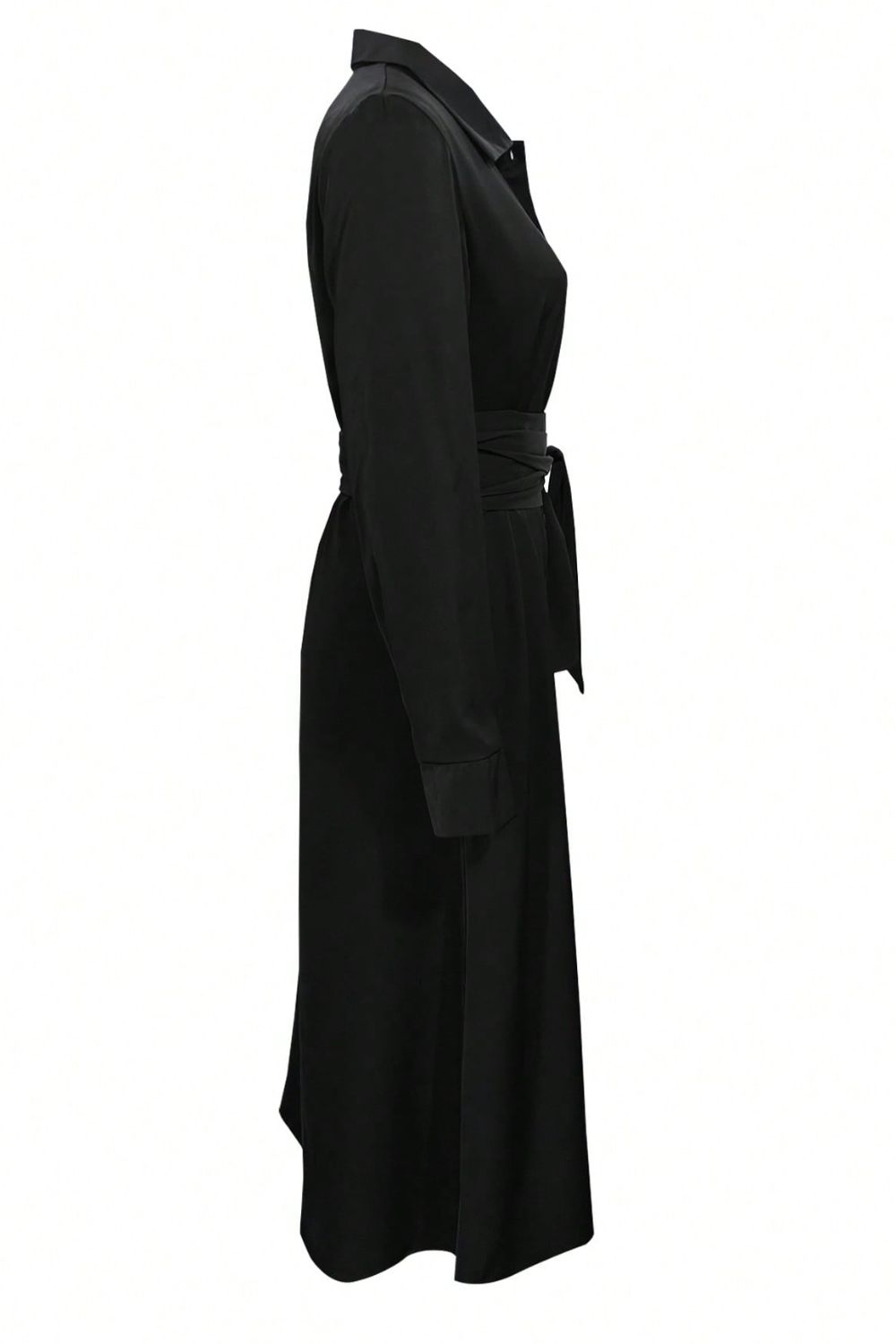 Black Long Sleeve Midi Shirt Dress with Tied Waist