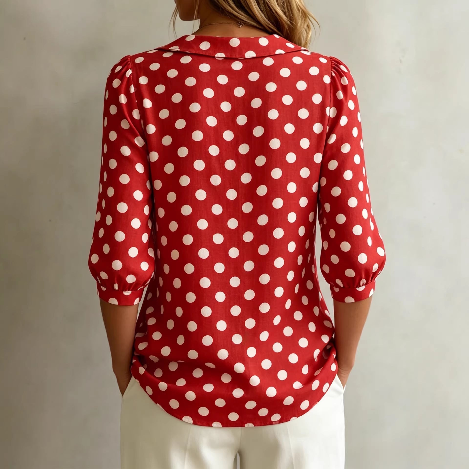 Women's Red Retro Polka Dot Three-Quarter Sleeve Button Down Shirt - Image 2