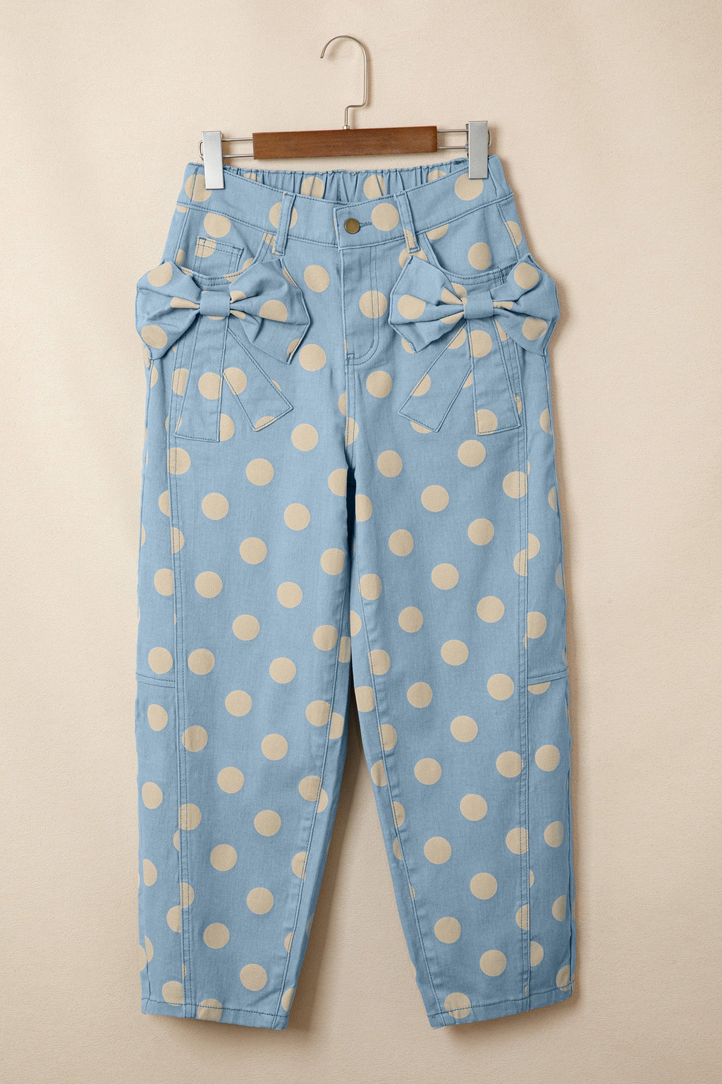 Polka Dot Denim Barrel Leg Jeans with Bow Pocket Details