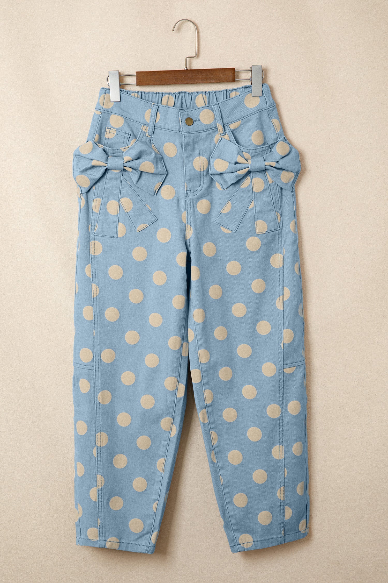 Polka Dot Denim Barrel Leg Jeans with Bow Pocket Details