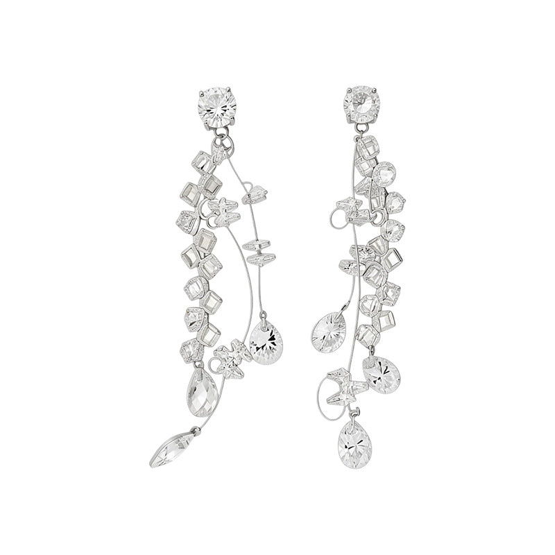 Women Shiny Crystal Cubic Zirconia Tassel Dangle Stud Earrings,Niche Minimalist Versatile Unique Design Fashion Daily Occasion Jewelry