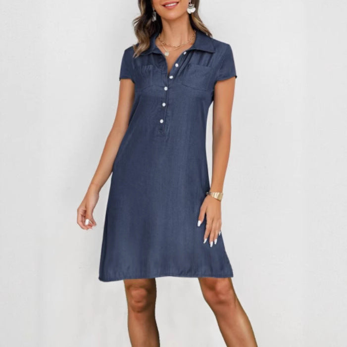 Split Pocket Denim Long Swing Dress for Casual Commute - back view