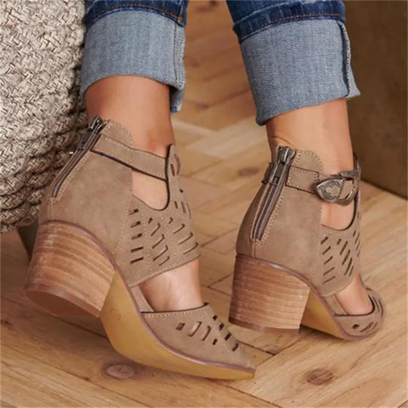 Women's Chunky Heel Sandals with Rhinestone Cutout