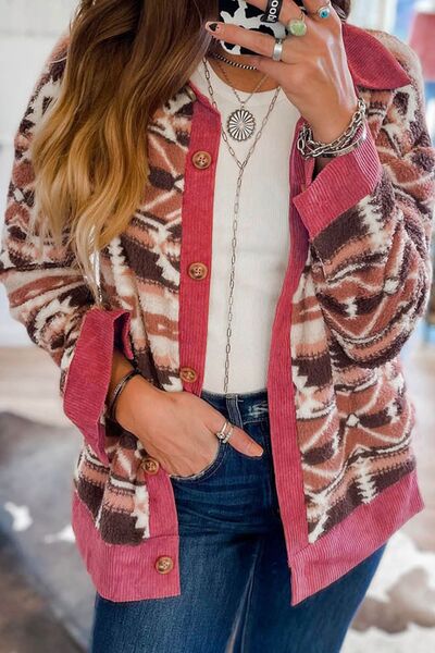 Deep Rose Geometric Print Jacket with Corduroy Trim