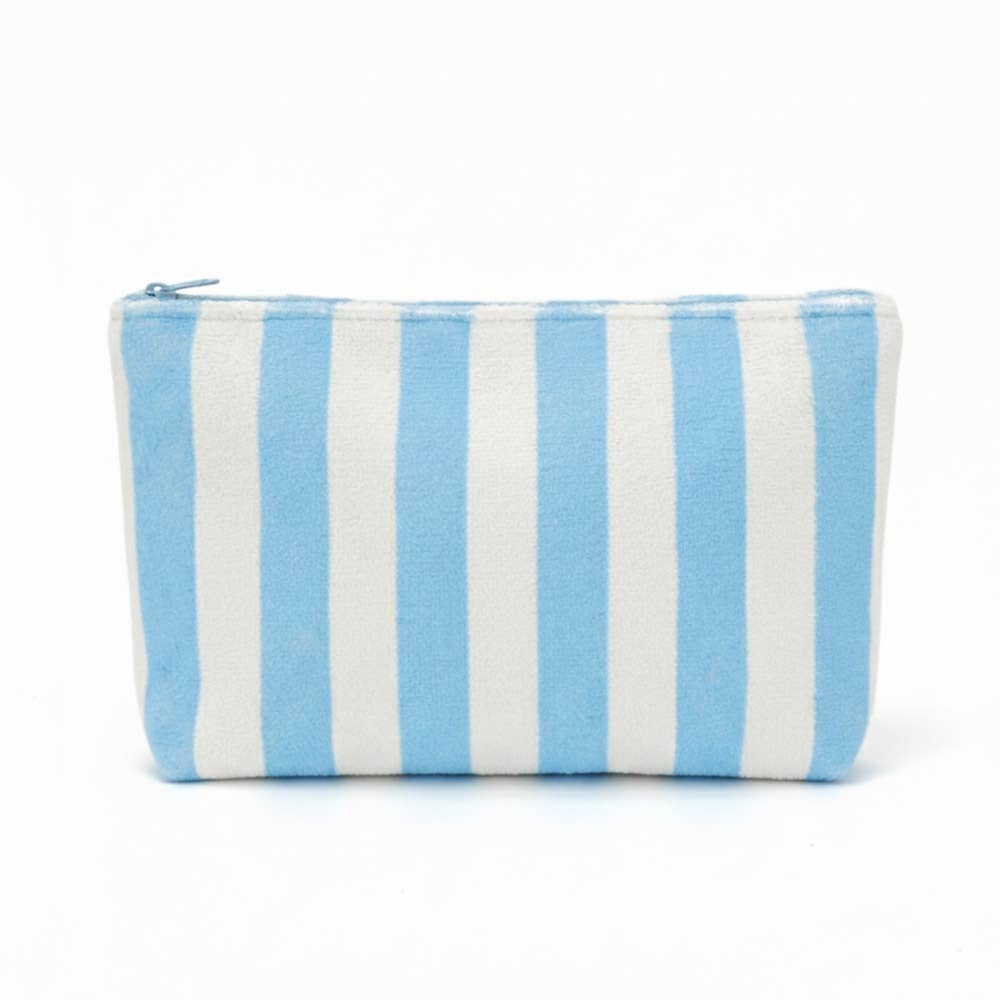 Spacious blue striped terry cloth cosmetic pouch for travel and skincare storage