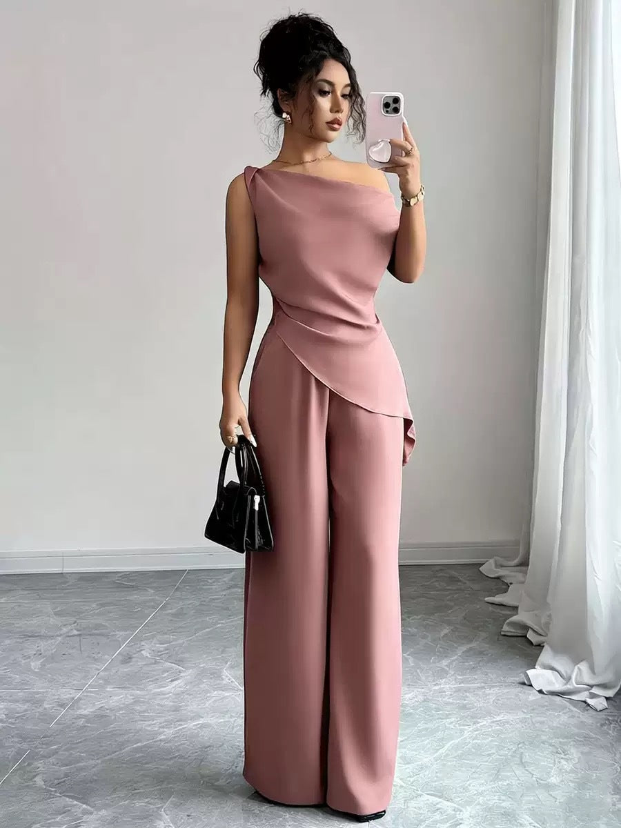 One-Shoulder Asymmetric Top & Wide-Leg Pants 2-Piece Co-ord Set