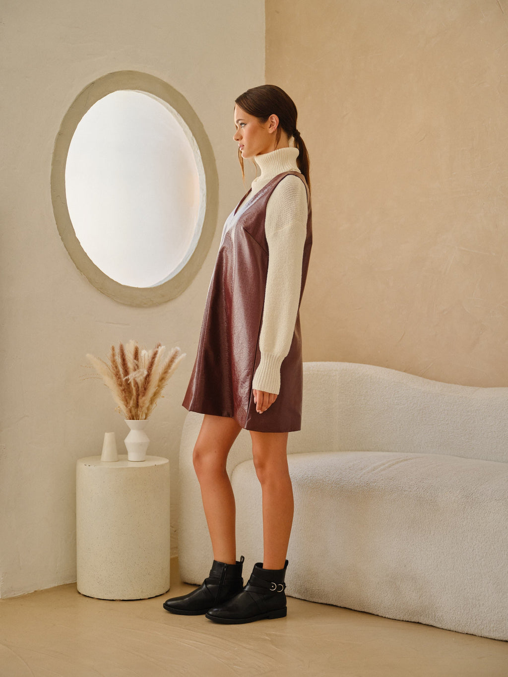 Wine Shift Dress Faux Leather Sleeveless Mini Dress - Image 4