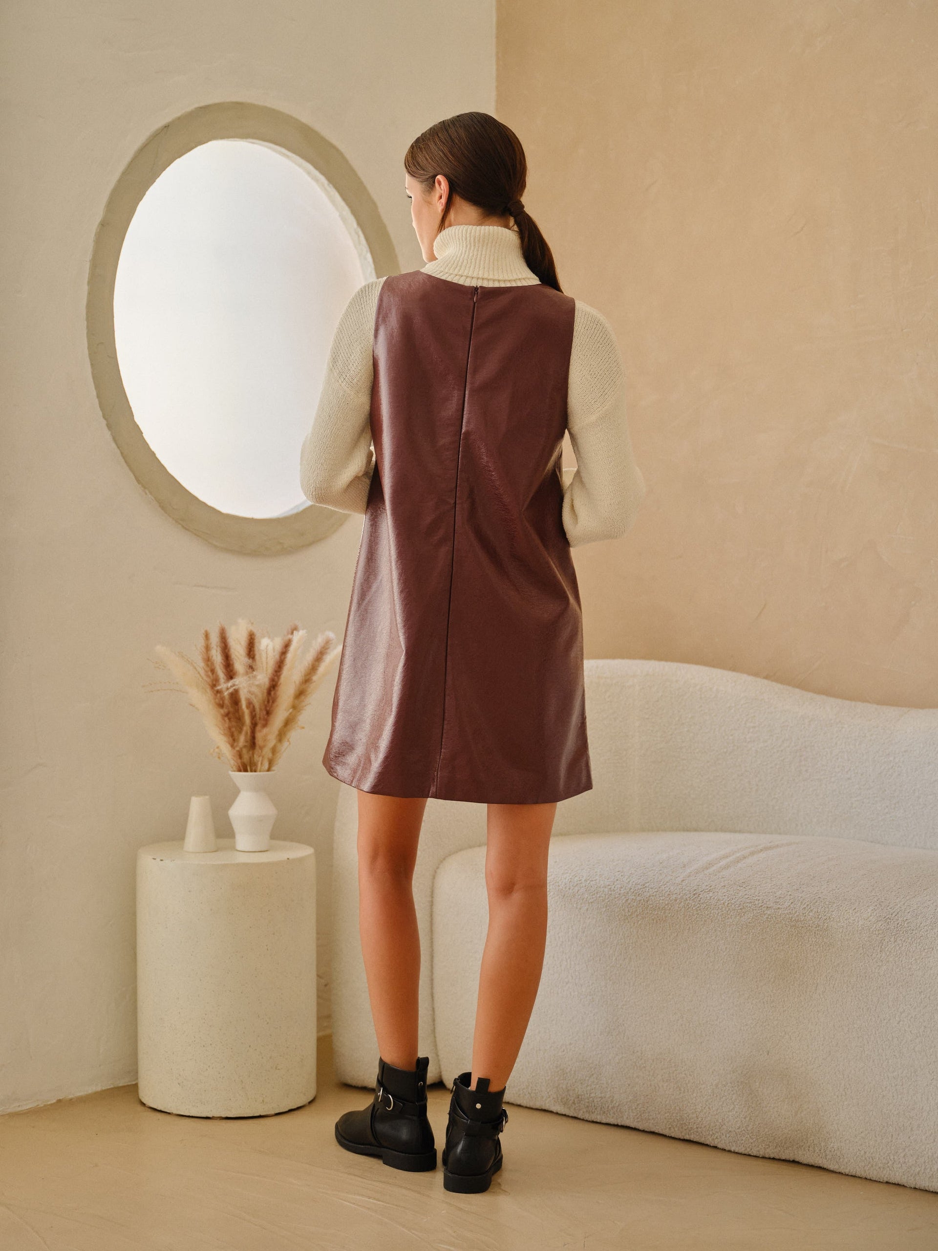Wine Shift Dress Faux Leather Sleeveless Mini Dress - Image 5