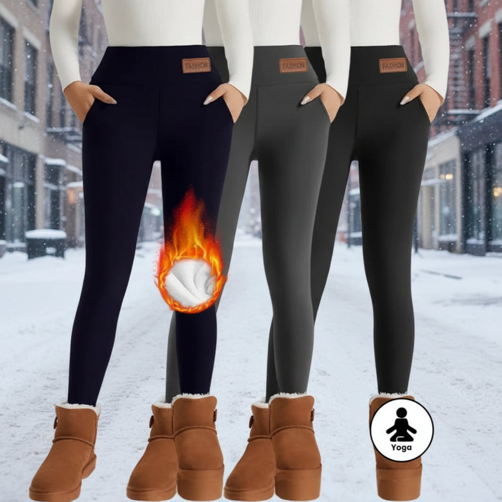 A trio of high-waist fleece-lined leggings in black and grey, showcasing the soft plush lining inside.