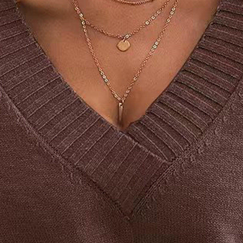Women's V-Neck Drop Shoulder Sweater Casual Long Sleeve Pullover