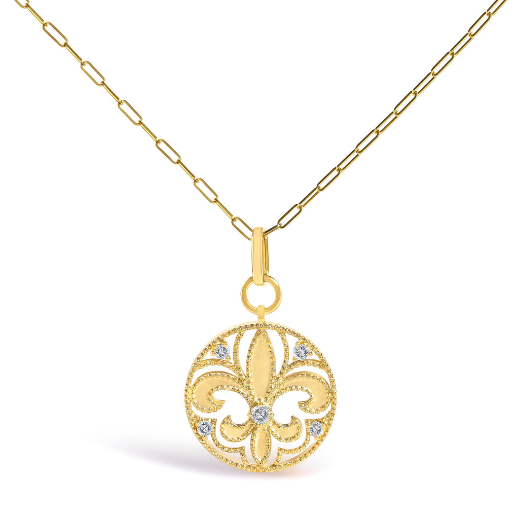 14K Yellow Gold 1/4 Cttw Round Diamond Openwork Fleur de Lis Medallion Pendant Necklace