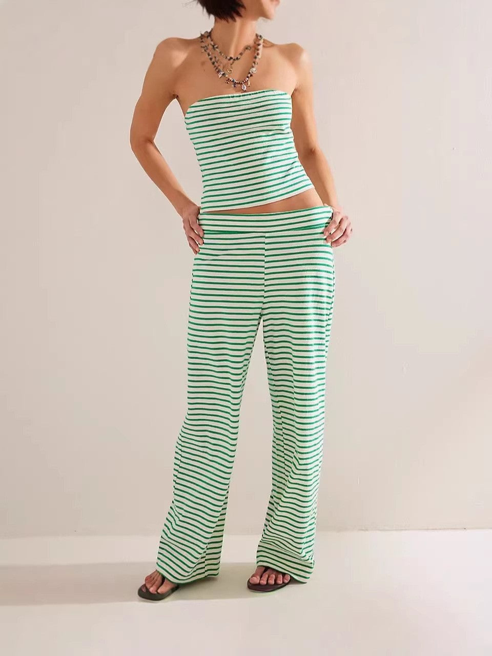 Women's Striped Modal Tube Top and Wide Leg Pants Set - Image 9