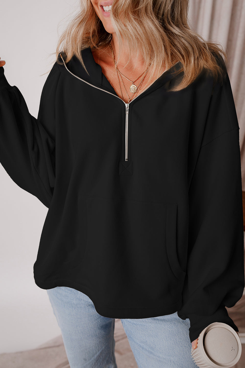 Orange Half Zipper Hoodie with Kangaroo Pockets | Drop Shoulder