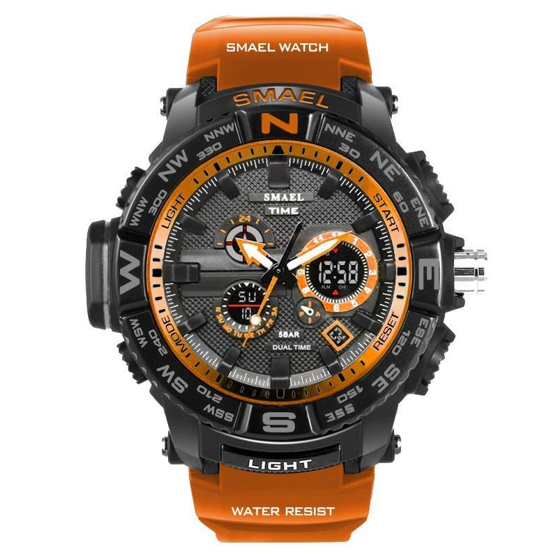 Luxury sport watch with dual display and EL backlight, available in black and orange