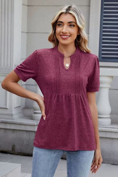 Women's Solid Color Notched Neck Short Sleeve Casual Blouse - Image 9