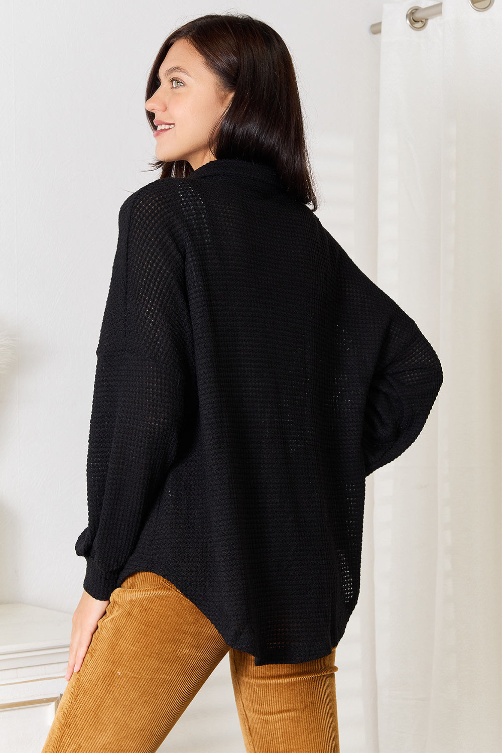 Waffle-Knit Collared Neck Dropped Shoulder Shirt Black