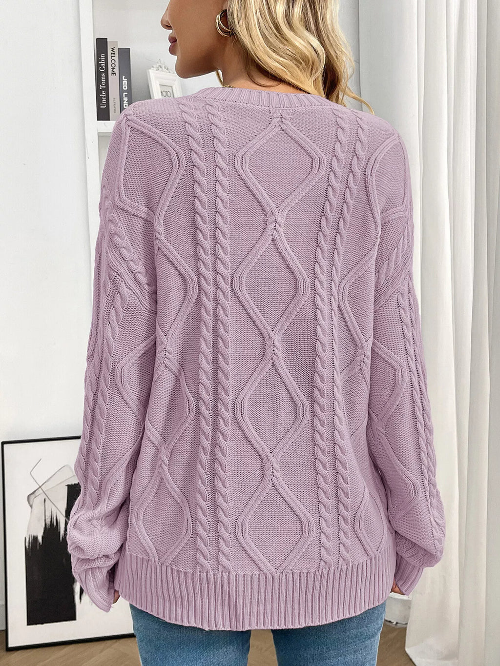 Lavender Cable Knit Round Neck Long Sleeve Sweater - Image 5