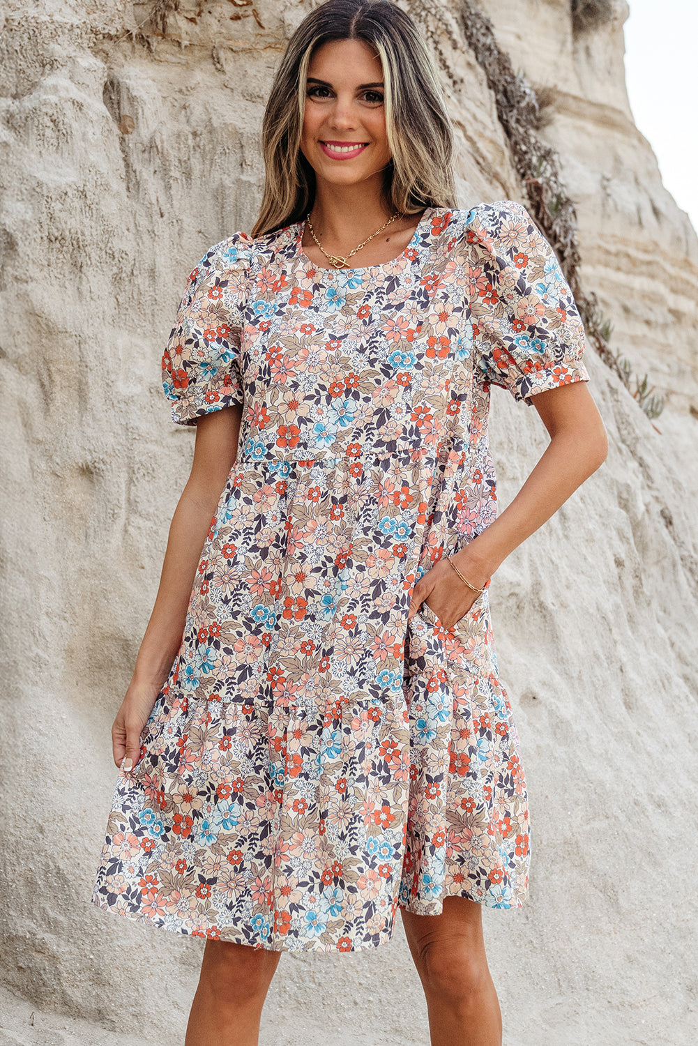 Boho Floral Short Puff Sleeve Mini Dress