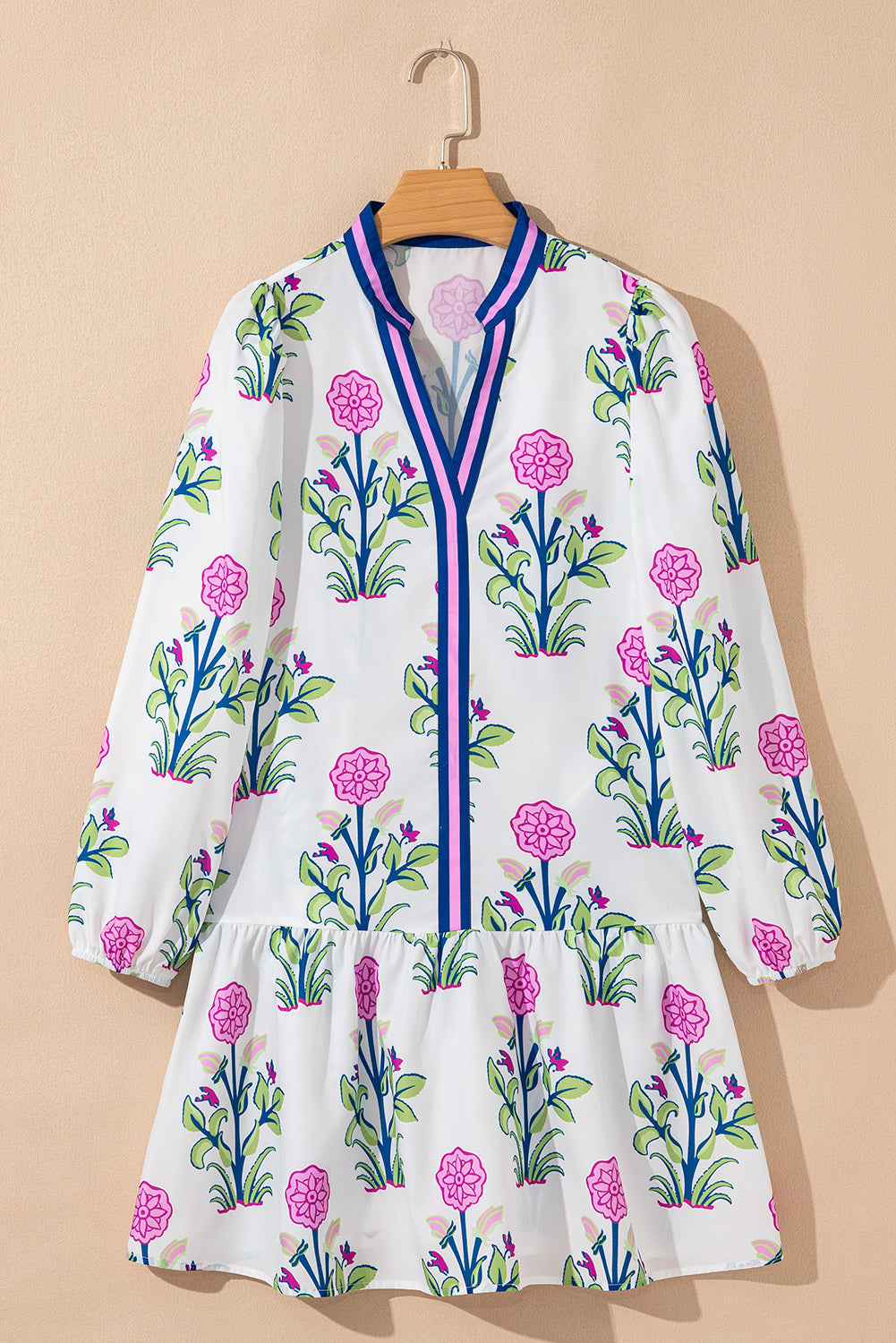 Floral Contrast Stripe Trim Notch Neck Dress