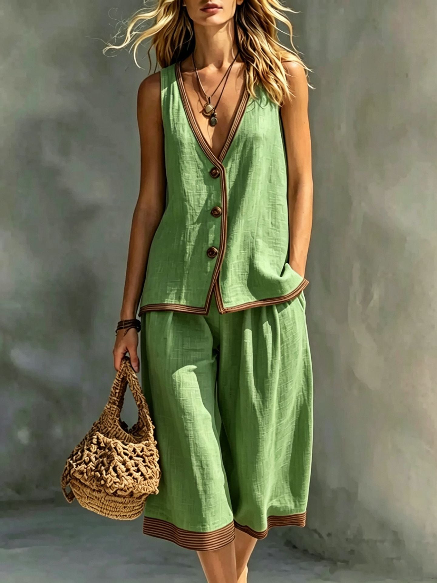 Women's Sleeveless Buttoned Vest and Shorts Two-Piece Linen Set