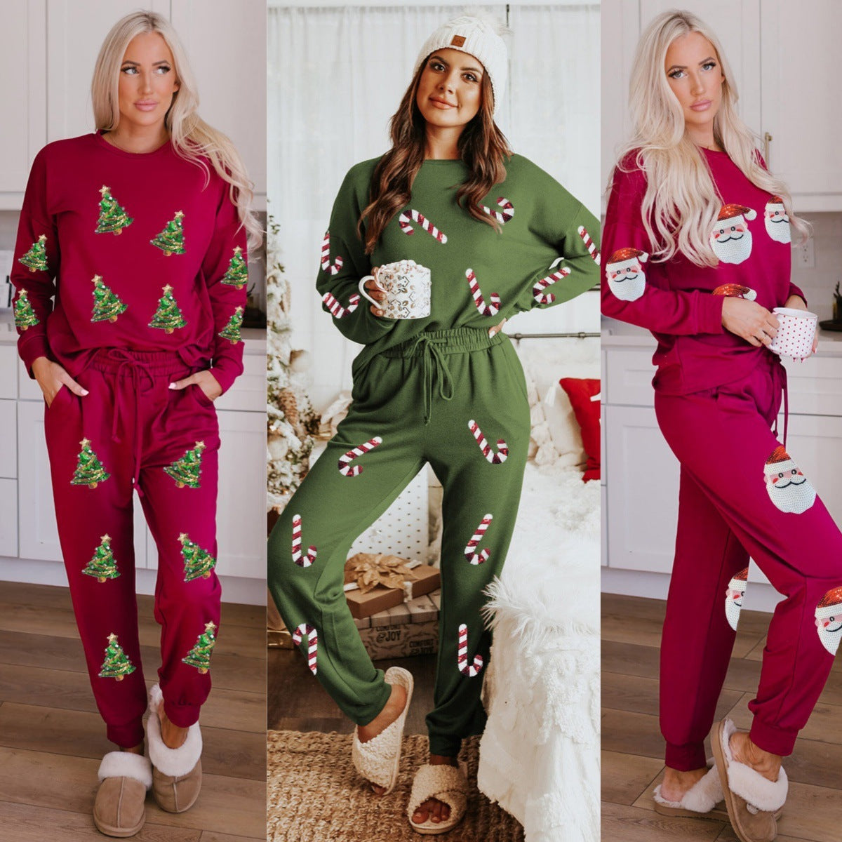 Women’s Christmas Sequin Two-Piece Long Sleeve Lounge Set