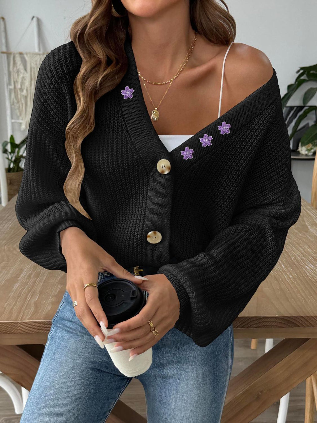 Women's V-Neck Button Up Cardigan with Floral Embroidery White - Image 8