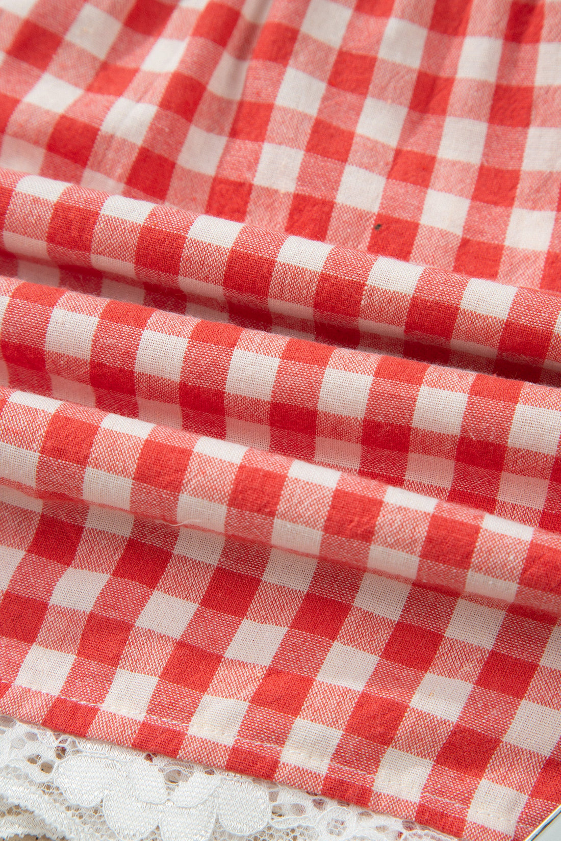 Red and White Gingham Plaid Tie Waist Lace Hem Shorts
