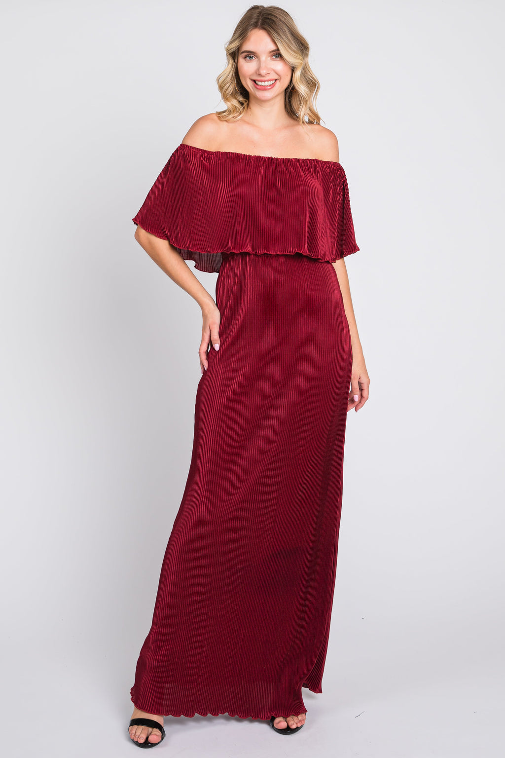 Burgundy pleated off shoulder maxi dress with ruffle details and elastic waistband