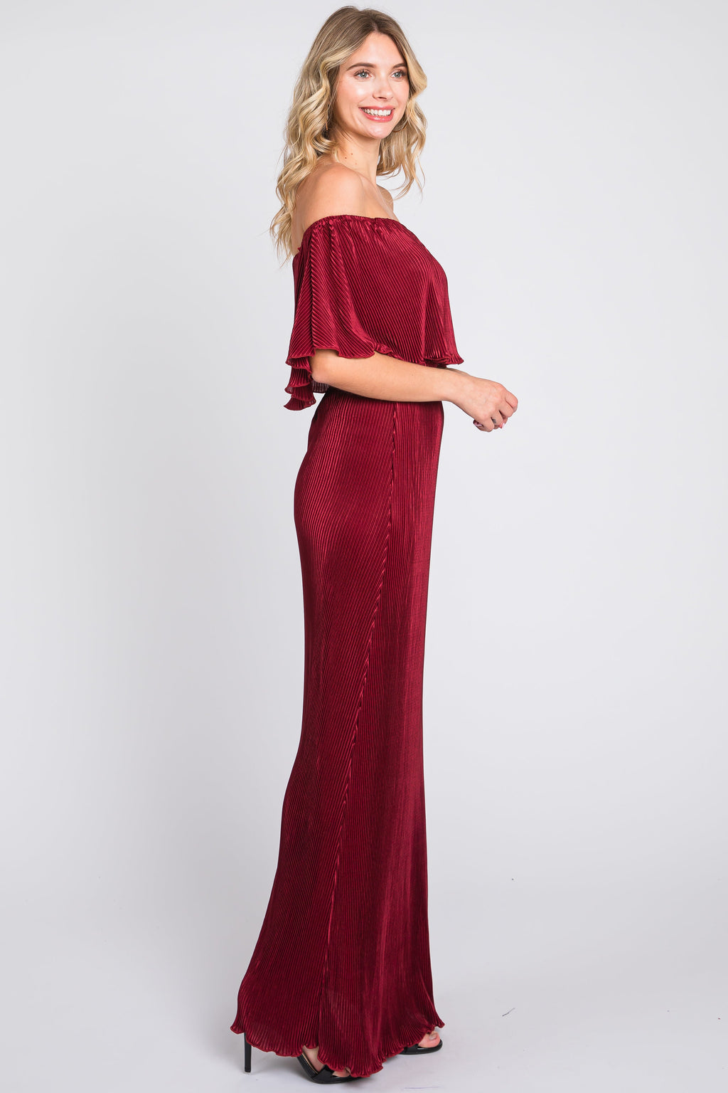 Burgundy Pleated Off Shoulder Maxi Dress with Ruffle Details