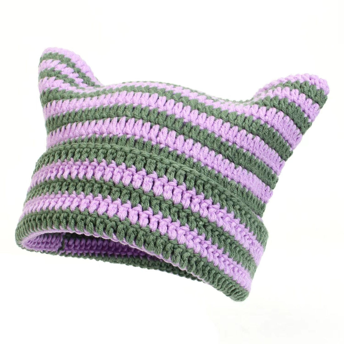Women's Hand Knitted Striped Cat Beanie Hat