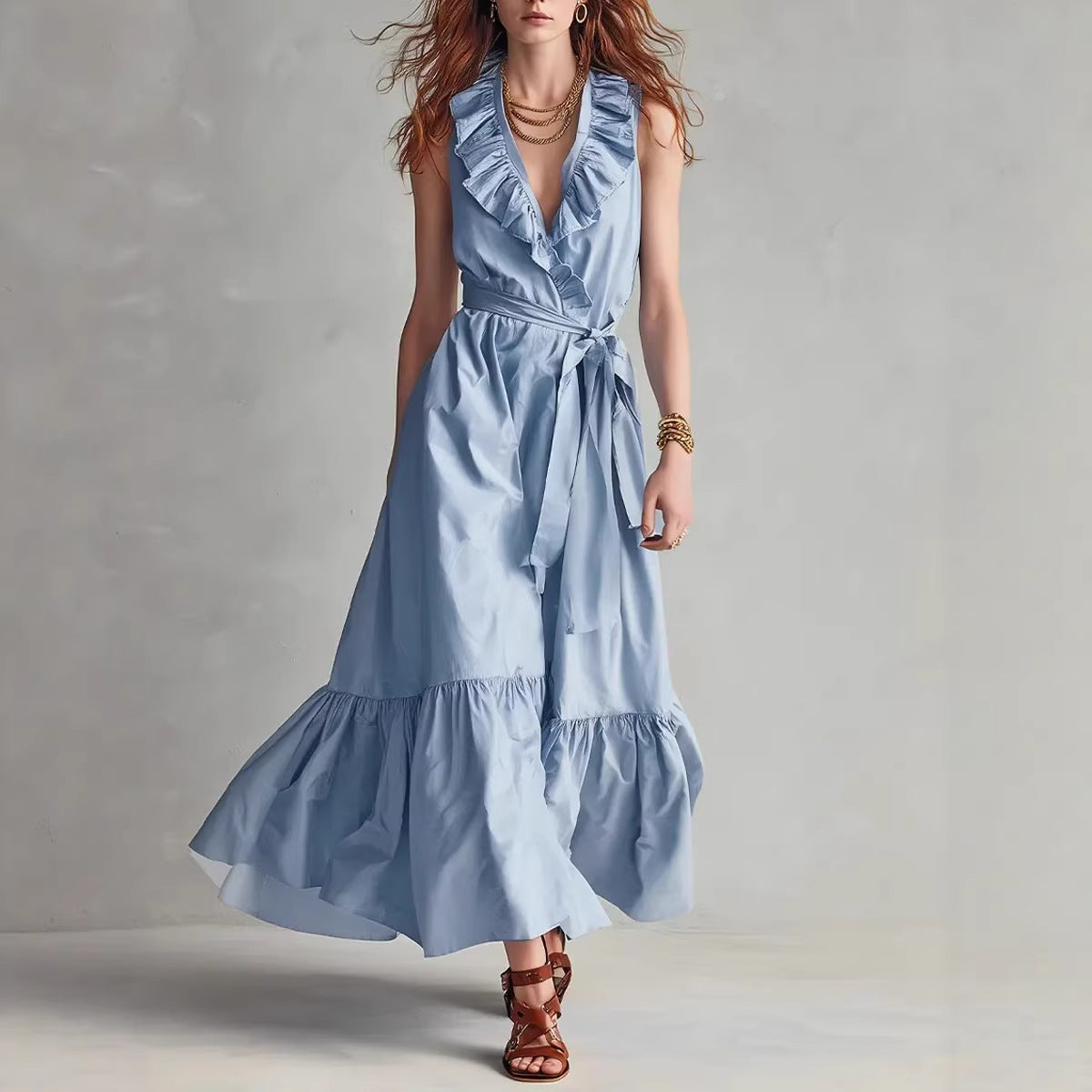 Women's Ruffled V-Neck Maxi Dress with Tie-Waist and Flare Hem - Image 3