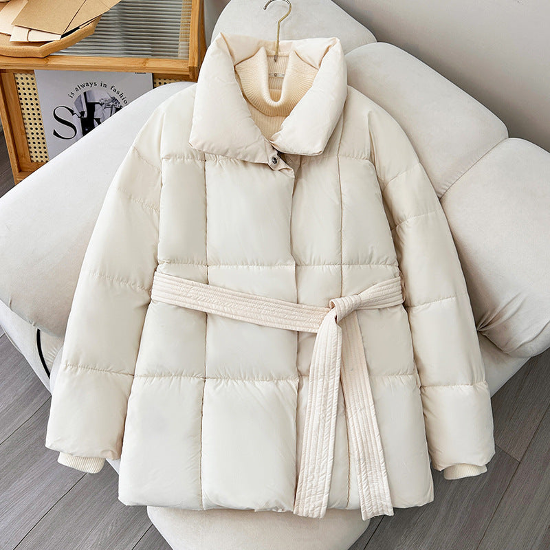 Women's Chic Brown Puffer Parka with High Stand Collar & Belt - Image 3