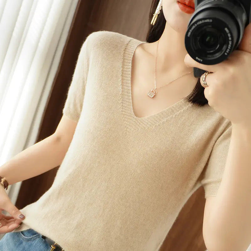 Women's Short Sleeve V-Neck Knit Sweater in Beige - Image 41