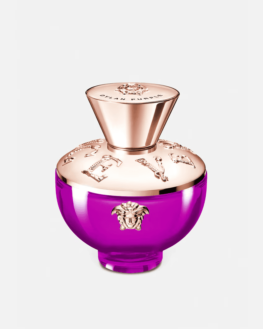 Versace Dylan Purple Eau de Parfum 3.4 fl oz bottle featuring elegant curves and baroque-style branding.