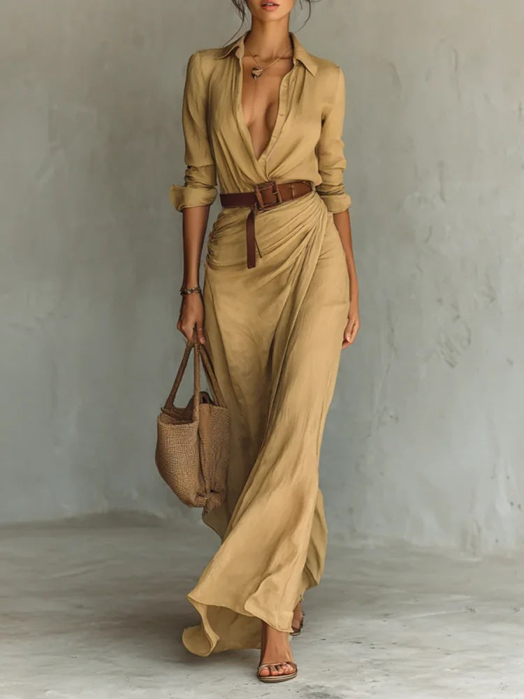 Women’s Elegant Beige Irregular Pleated Shirt Dress
